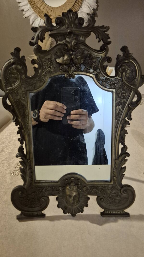 Ancien miroir psyché en bronze et miroir biseauté au mercure, XIXème s.
