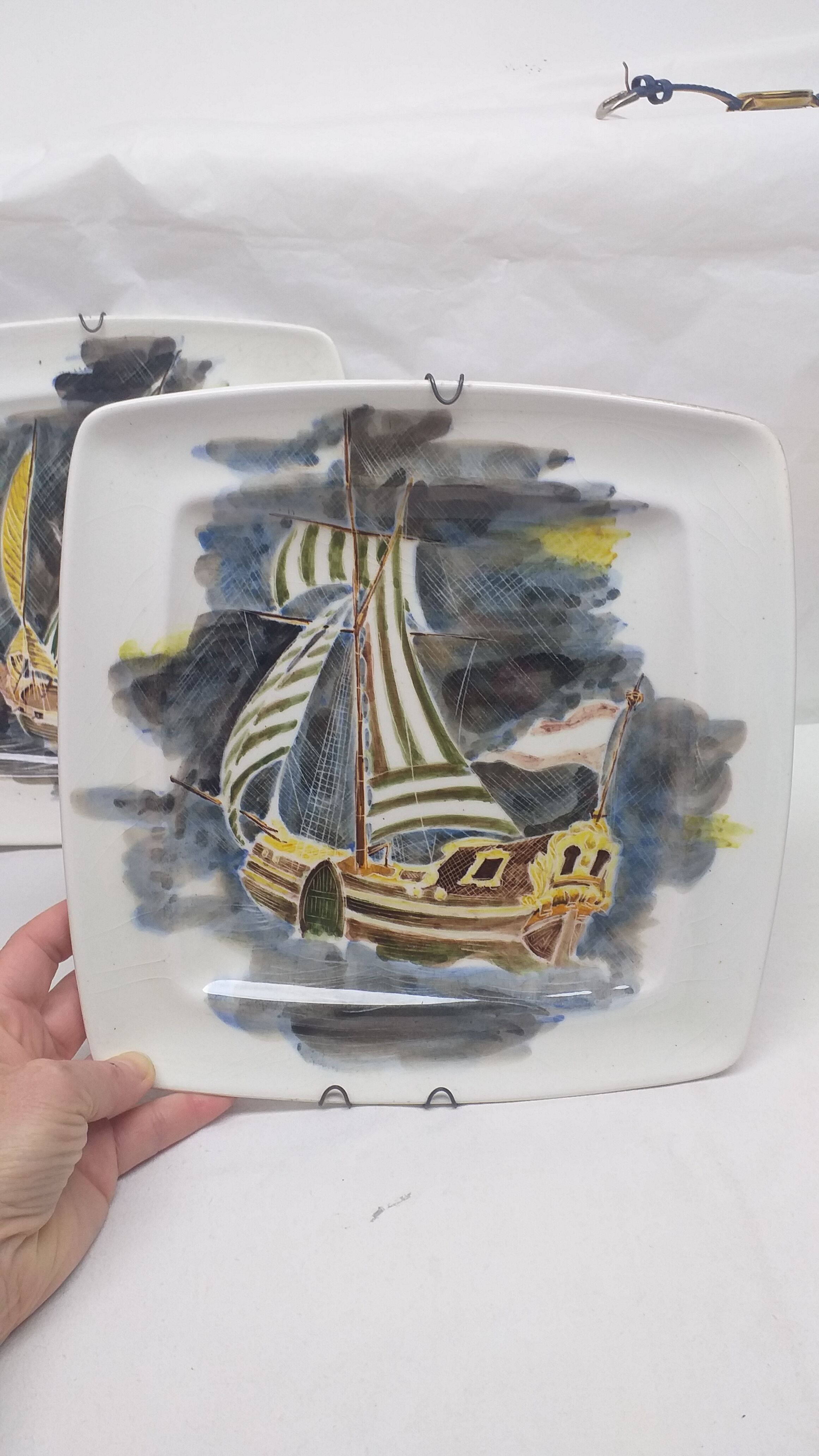 Lot 2 plates guy trevoux sailboat ship war ship