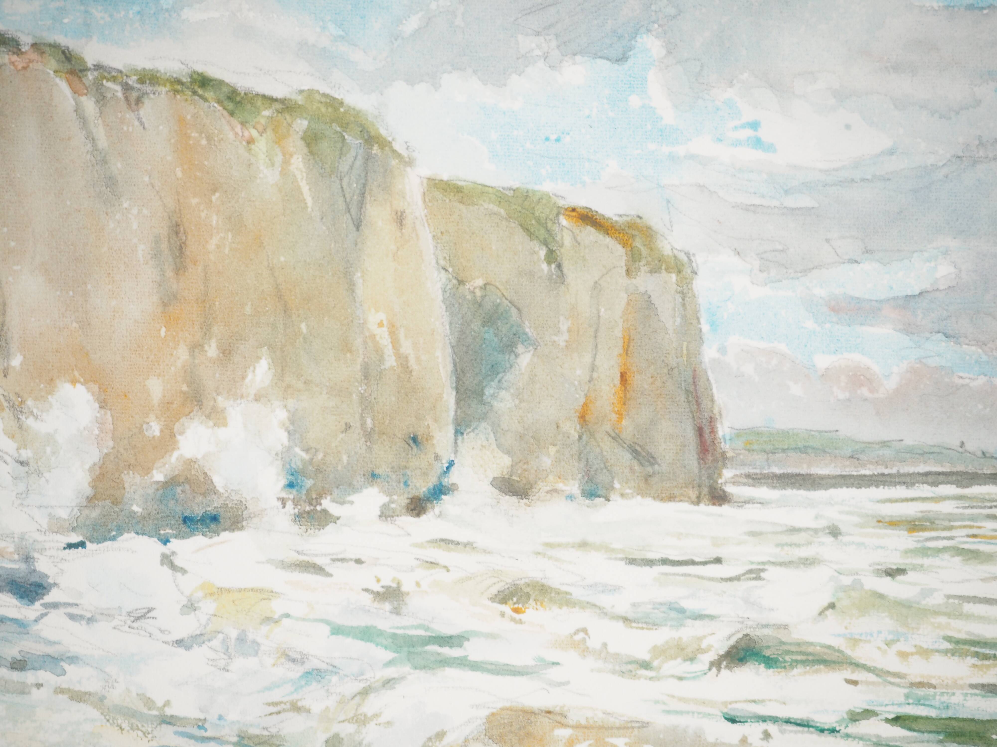 René leverd: waves against the cliffs, original signed watercolor