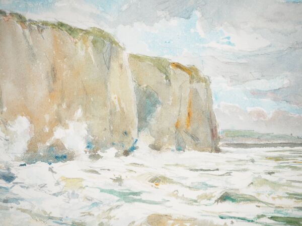 René leverd : les vagues contre les falaises, aquarelle originale signée