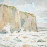 René leverd: waves against the cliffs, original signed watercolor