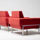 Red Kiushu armchairs by Saporiti characteristic of mid-20th century Italian modern design.