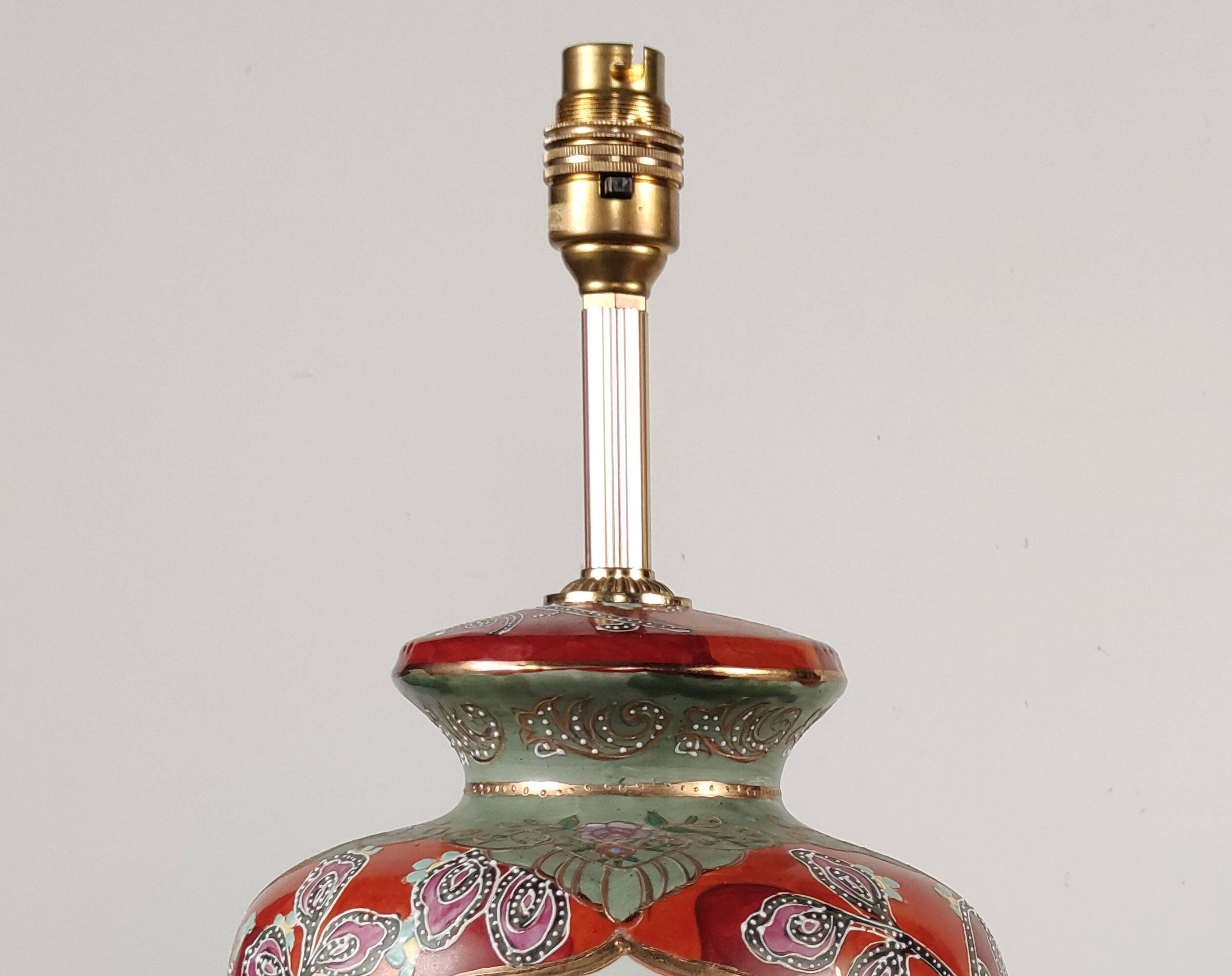 Pair Of XL Vintage Hand-Painted Chinese Floral Pottery Lamps