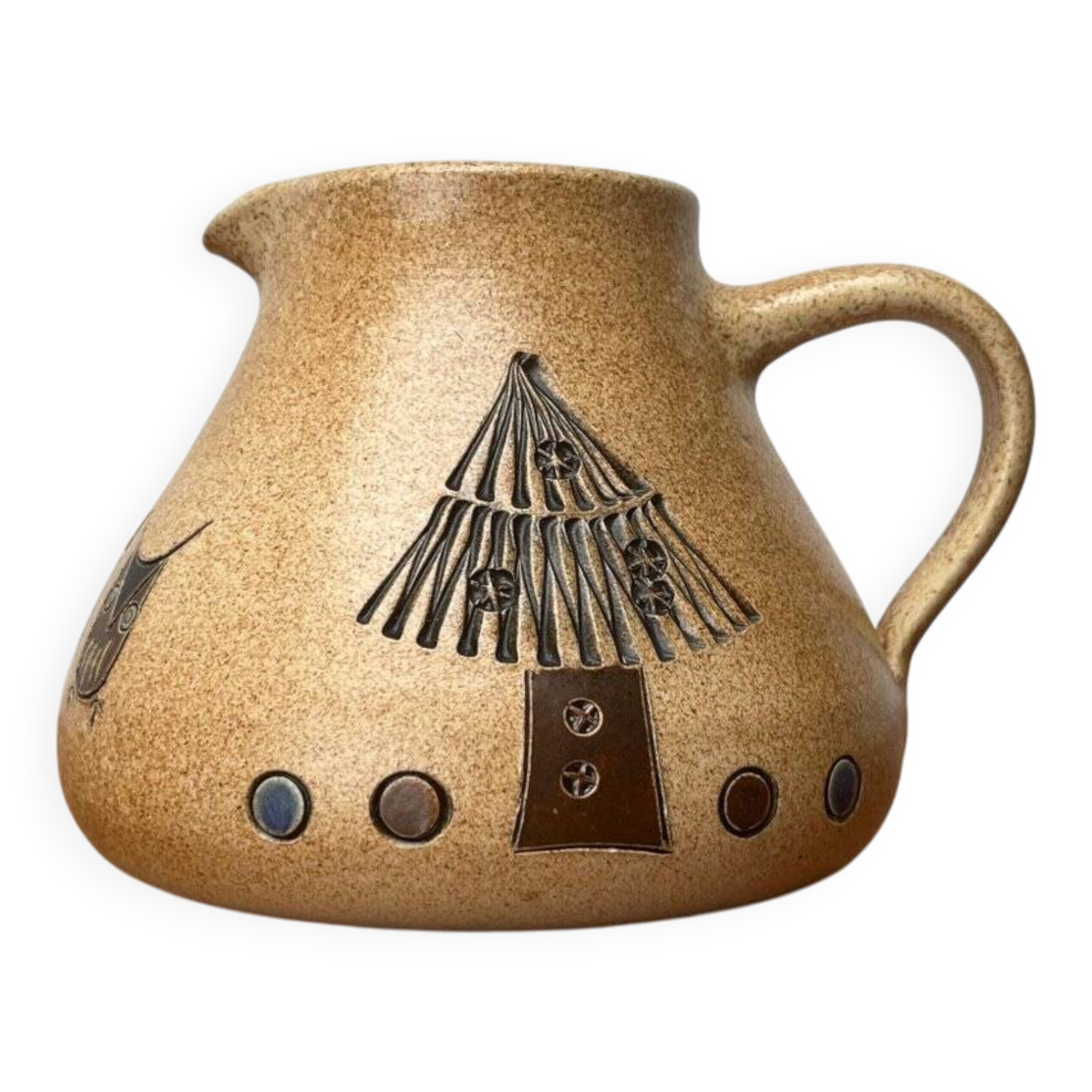 Mid-century German ceramic studio pitcher with owl motif by Heinz Theo Dietz, 1960s.