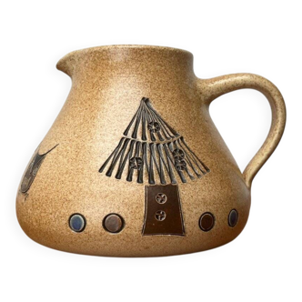 Mid-century German ceramic studio pitcher with owl motif by Heinz Theo Dietz, 1960s.