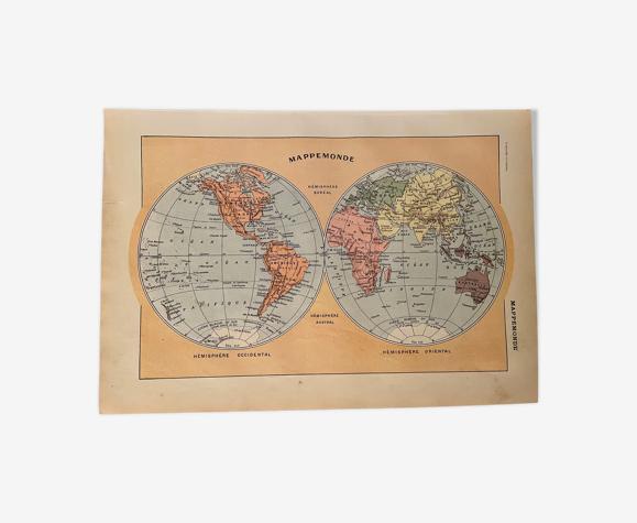 Lithographie gravure mappemonde de 1922