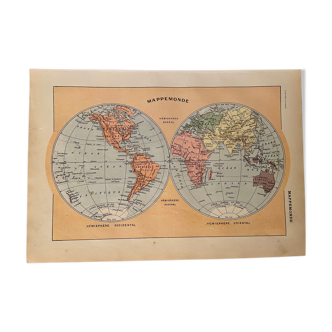 Lithographie gravure mappemonde de 1922