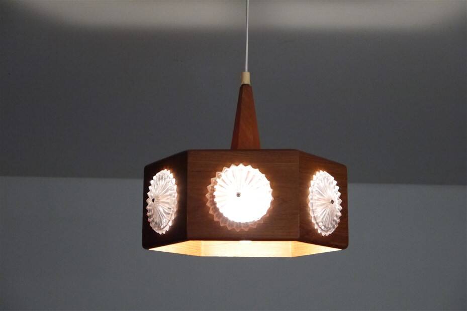 Vintage Scandinavian teak and glass pendant light 1960
