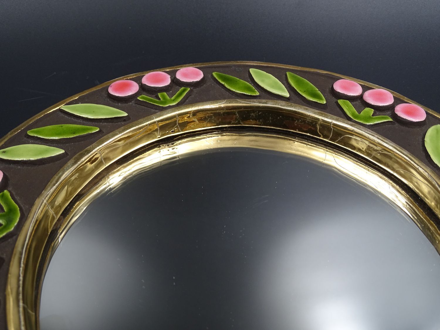 Small round mirror in earthenware- Cherry enamelled decoration - circa 1970