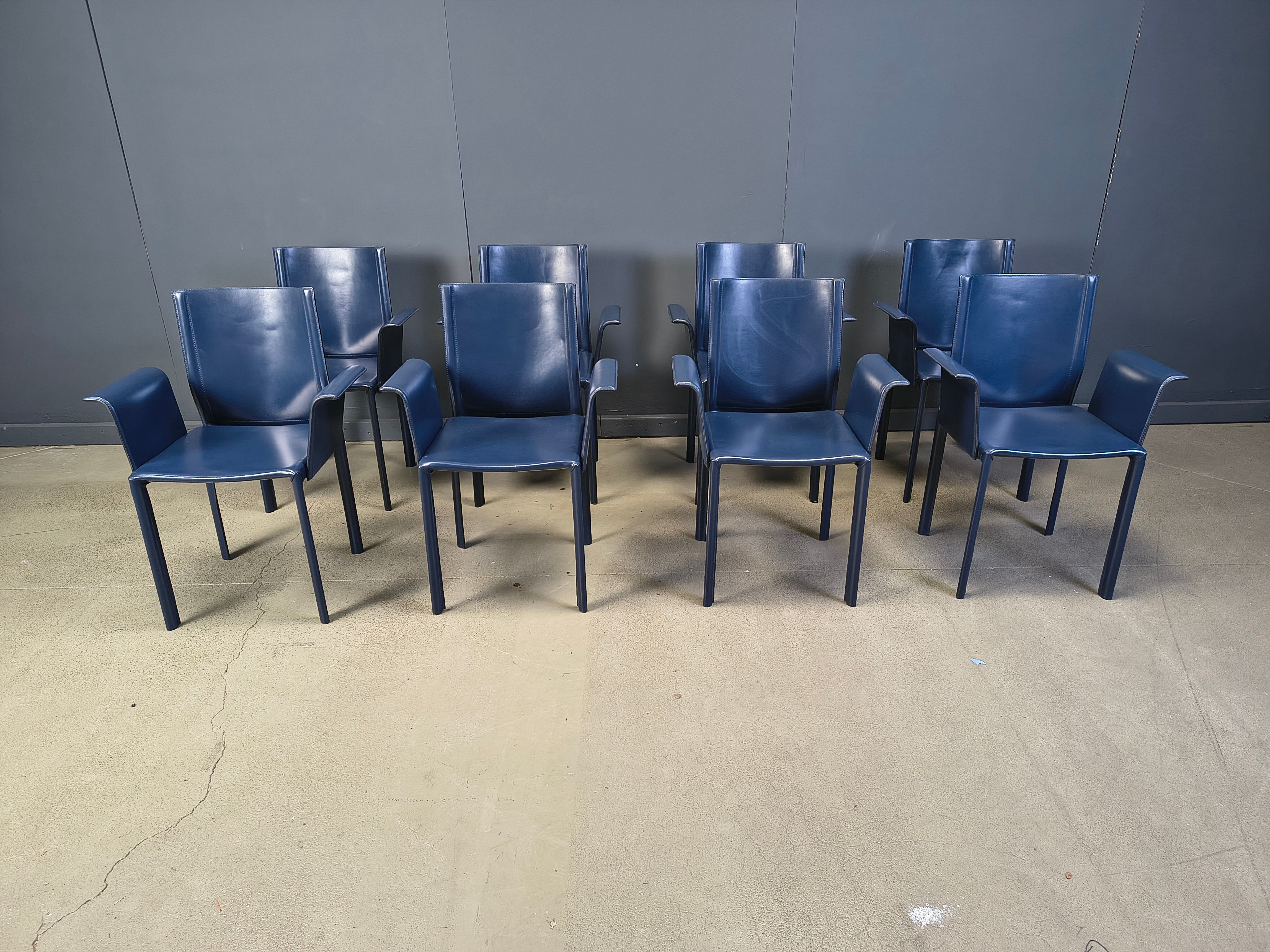 Postmodern blue leather dining chairs Italy, 1980s set of 8