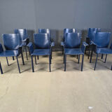 Postmodern blue leather dining chairs Italy, 1980s set of 8