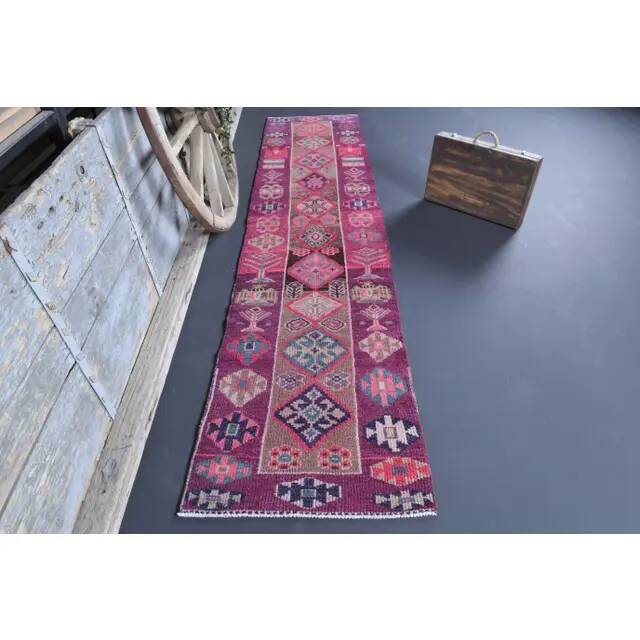 Vintage Turkish Oushak handmade wool cotton pink runner rug 79x342