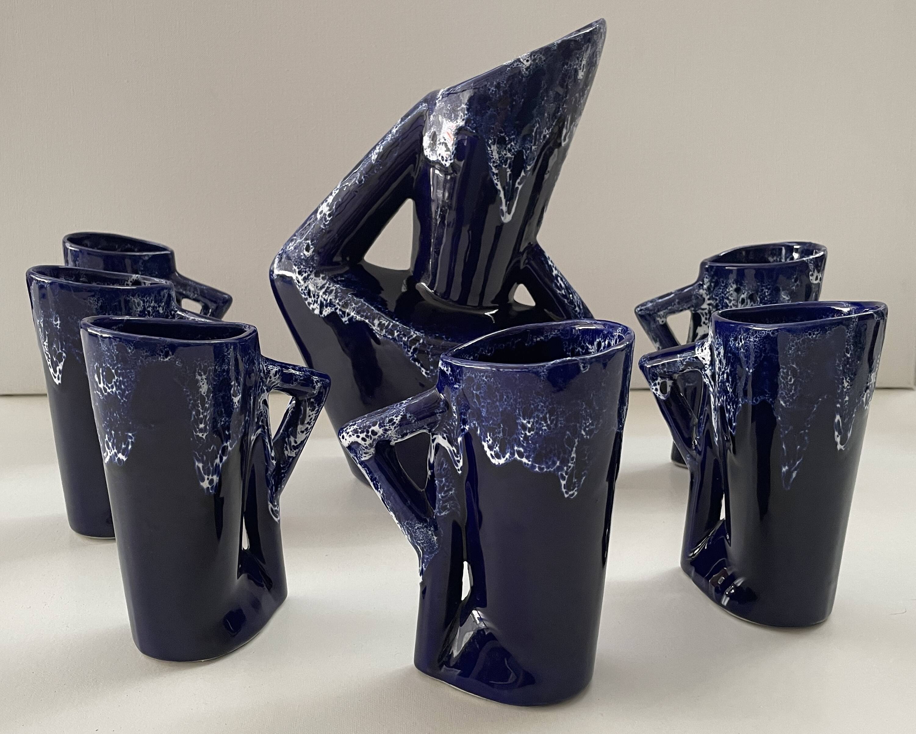 Ceramic orangeade service in ultramarine blue, workshop 59 - Vallauris -