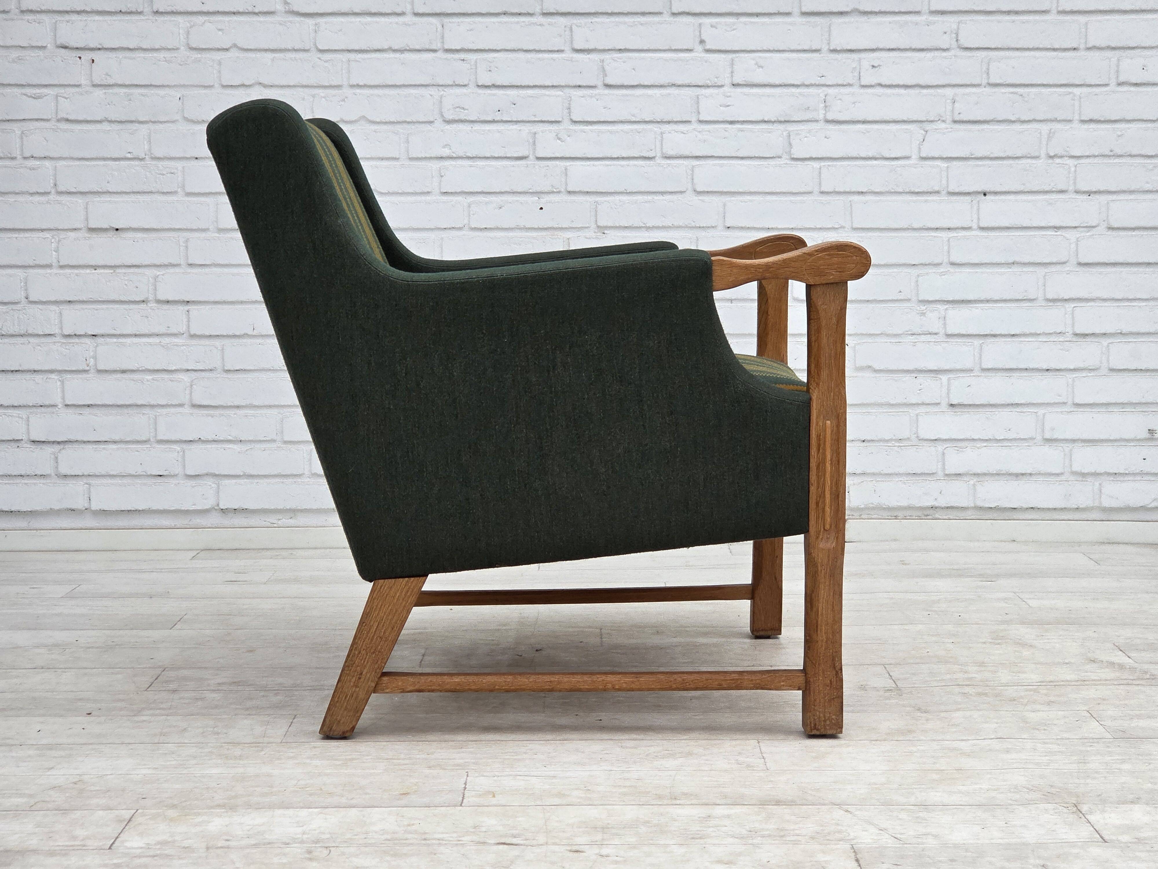 1970s, Danish armchair, green furniture wool, solid oak wood.