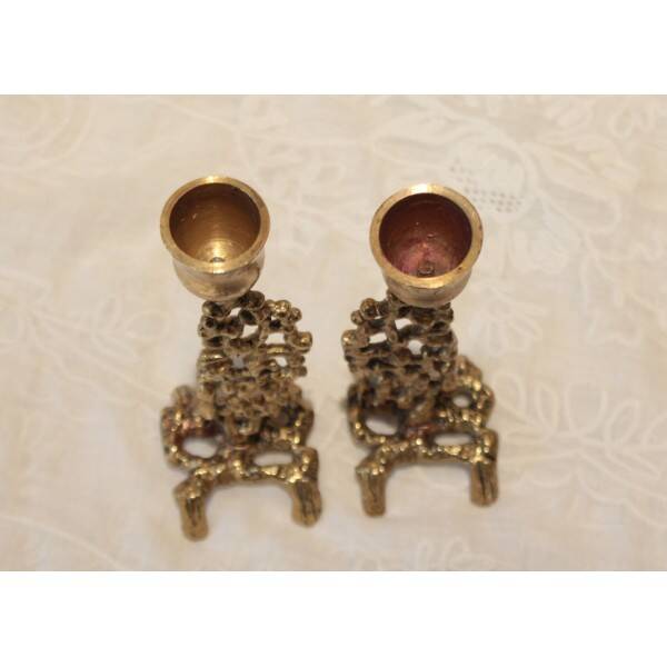 Pair of gilded bronze candlestick holders in brutalist style from around 1970.