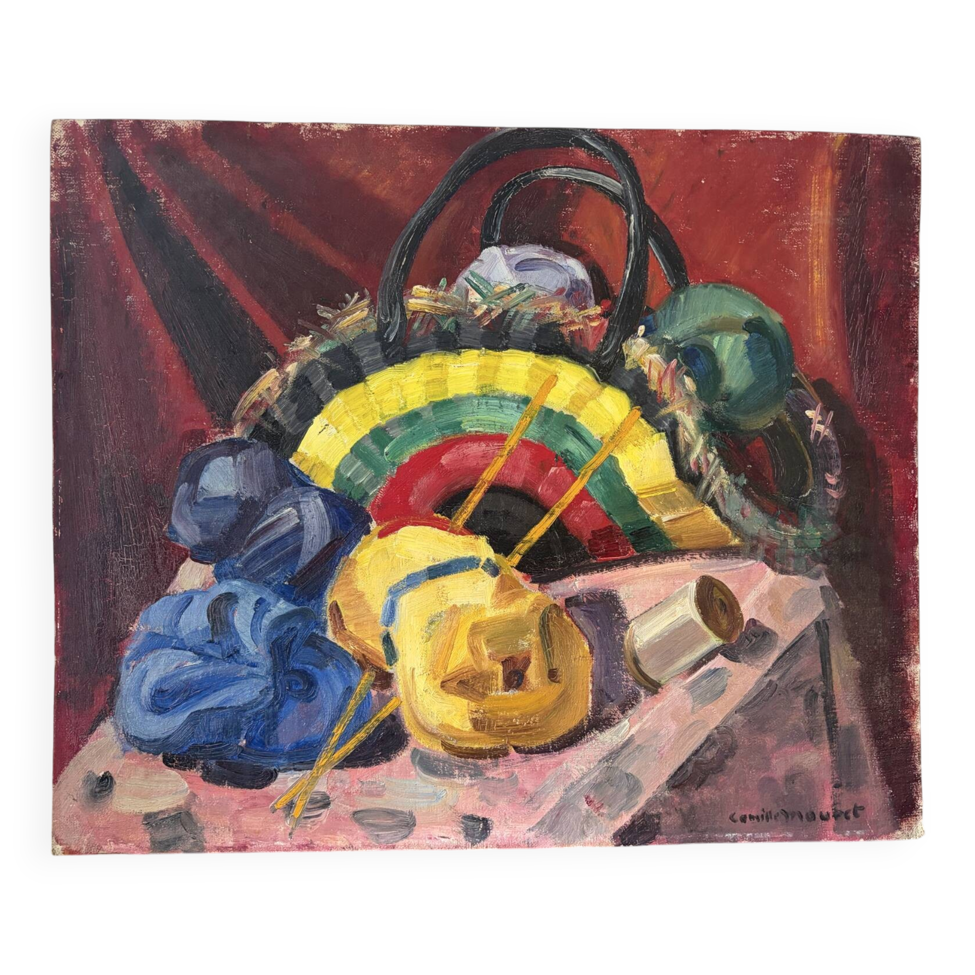 The wool basket, still life signed by Camille Mouret.