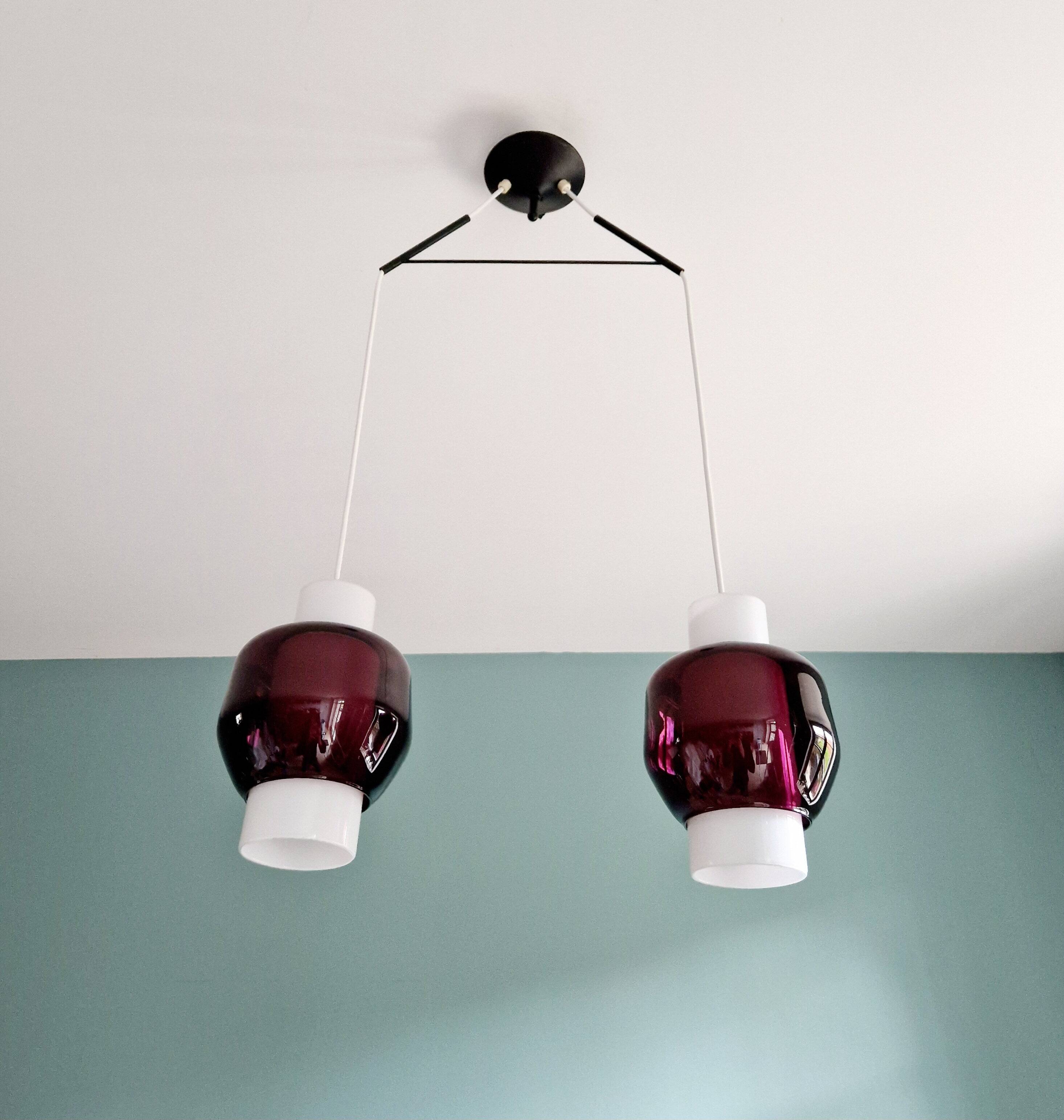 Scandinavian chandelier in white opaline and amethyst glass, 1960s.