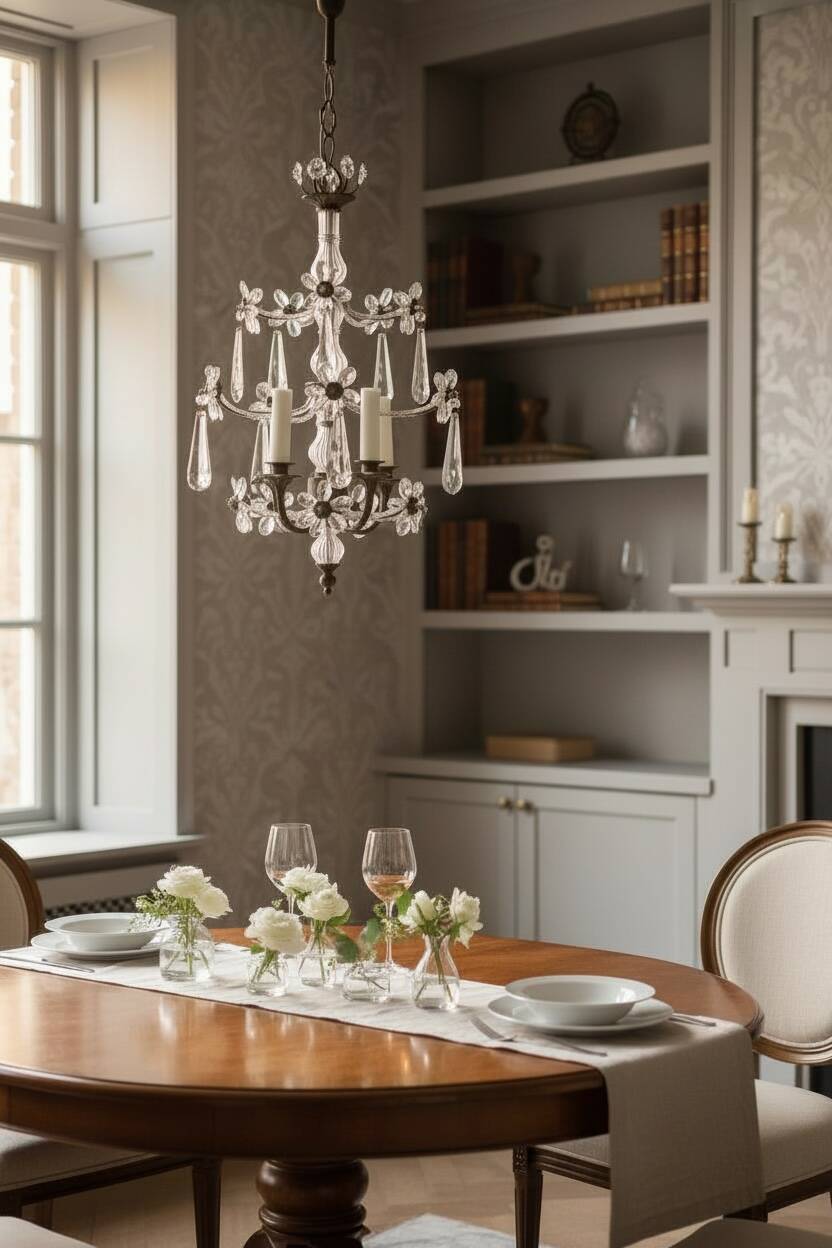 Crystal Beaded Bronze Flower Chandelier 1950s