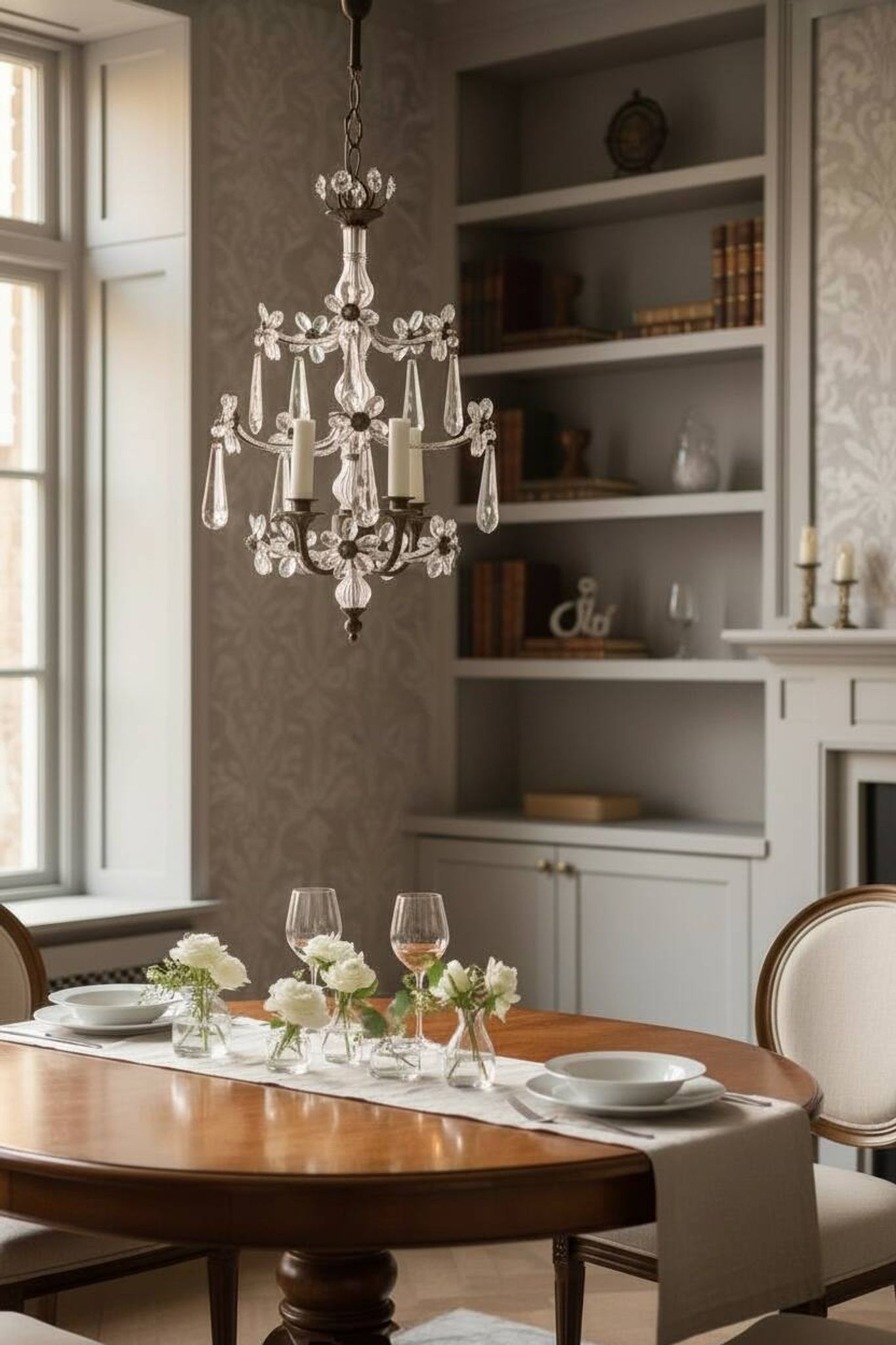 Chandelier en bronze avec fleurs en perles de cristal des années 1950