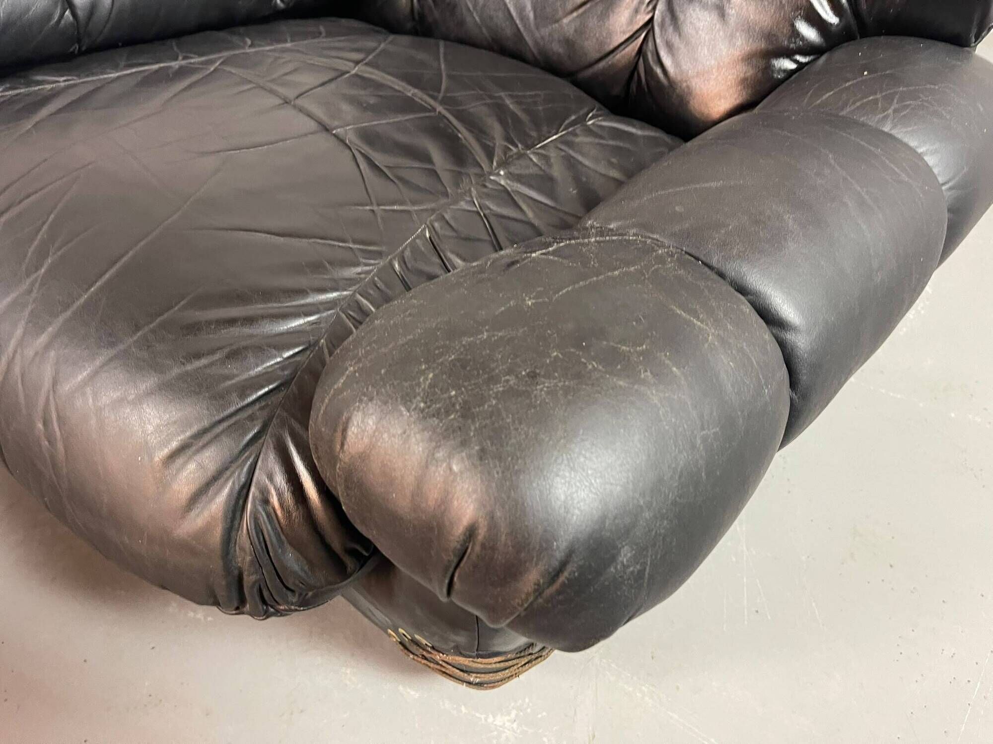 Large Set of Italian Space Age Black Leather Lounge Chairs with Brass