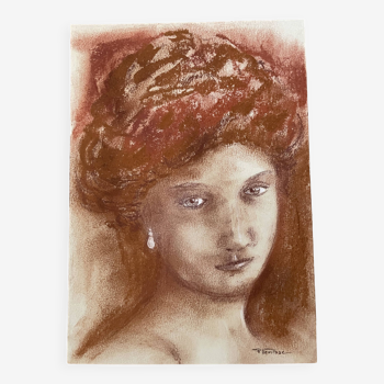 Tableau signé sanguine et pastel portrait féminin « perle »