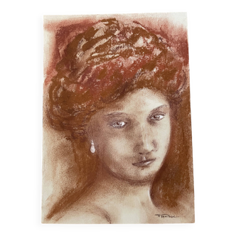 Painting signed sanguine and pastel female portrait “pearl”