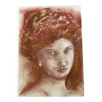 Tableau signé sanguine et pastel portrait féminin « perle »