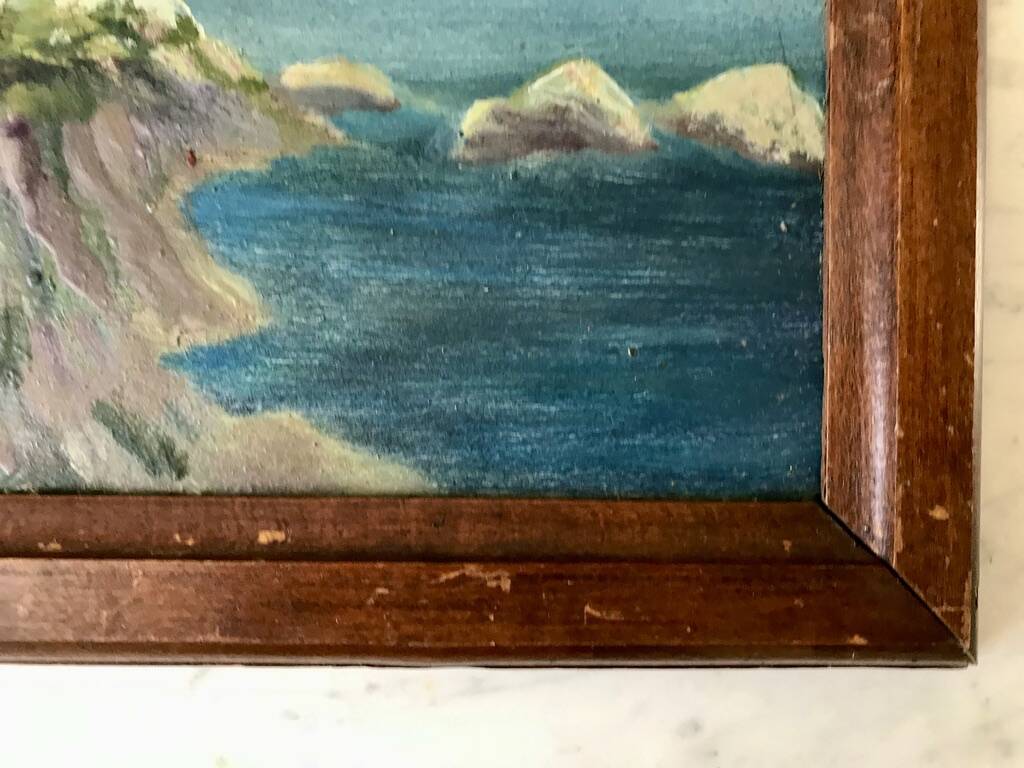 Oil painting on wood seaside landscape signed 40s-50s