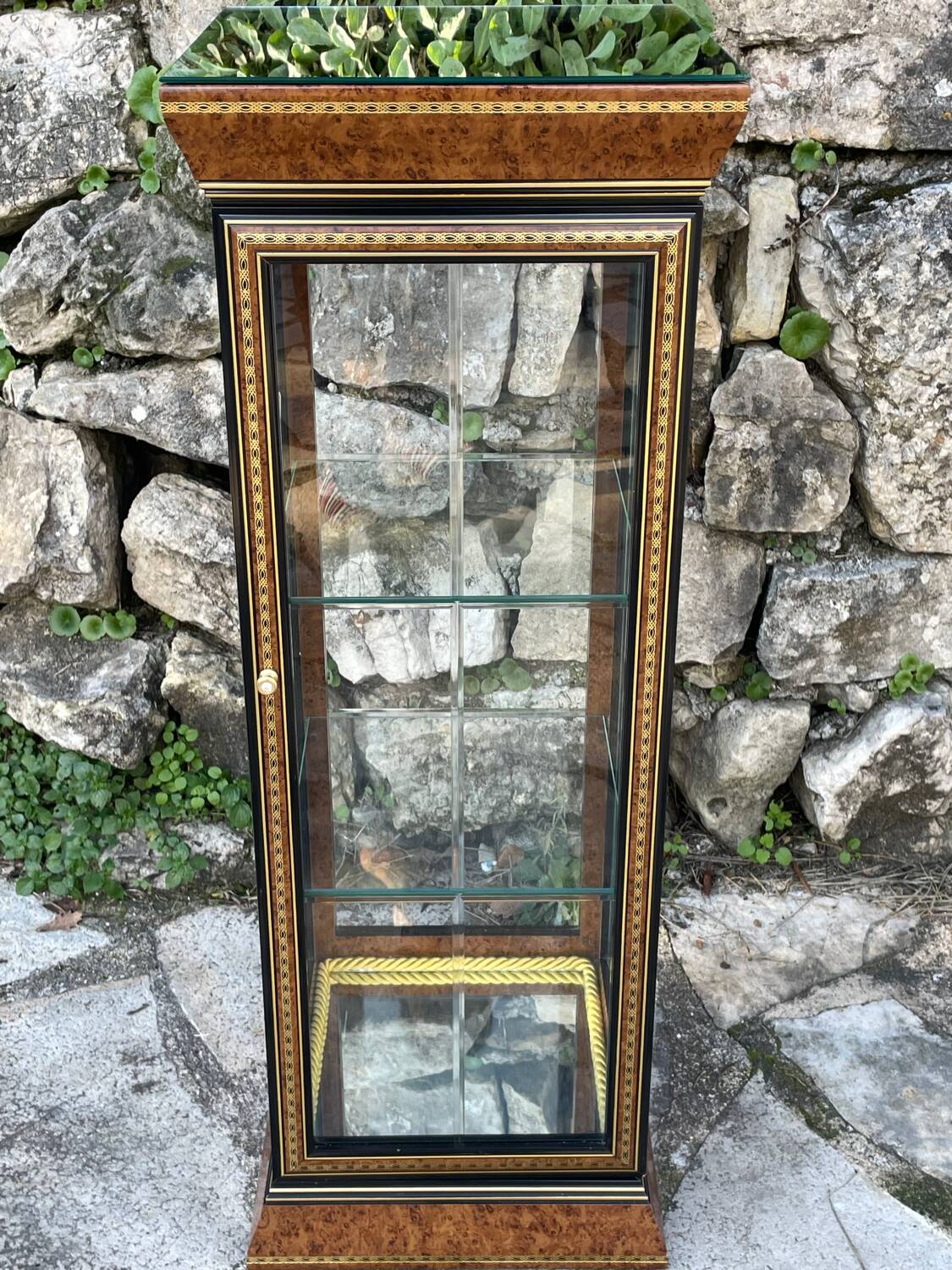 Pair of display cases in magnifying glass and black & gold lacquer, 20th century period