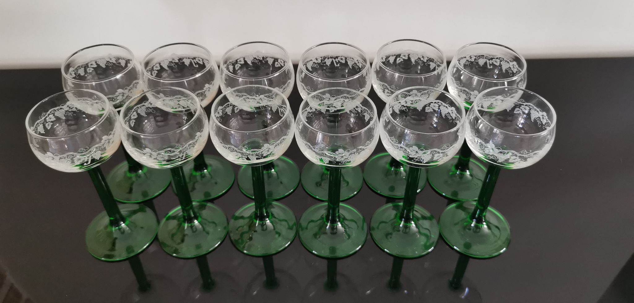 6 Vintage Alsace wine glasses with green feet decorations Bunches of Grapes and Vines