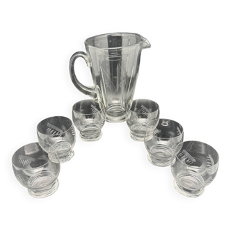 Service à boissons carafe et ses 6 verres en verre fin ciselé