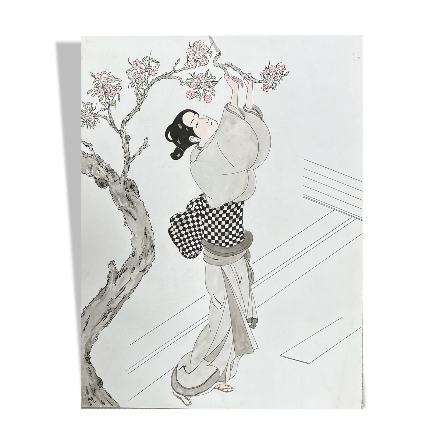 Original drawing painting ink and watercolor signed Asia