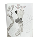 Original drawing painting ink and watercolor signed Asia