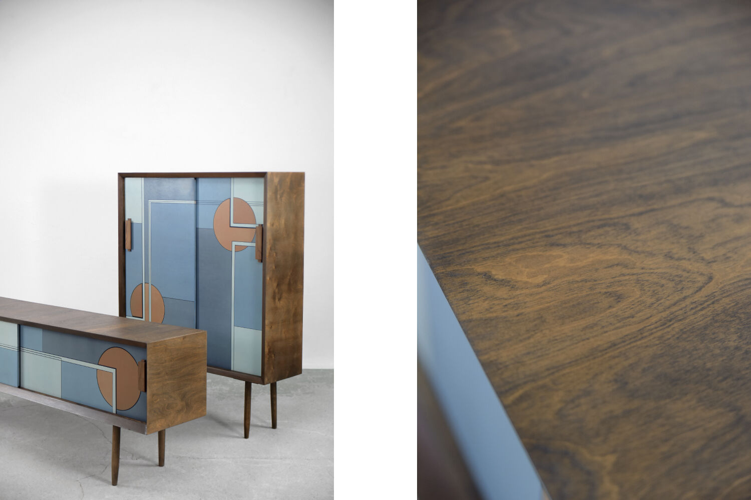 Set of 2 mid-century modern scandinavian hand-painted birch cabinet & sideboard, 1960s
