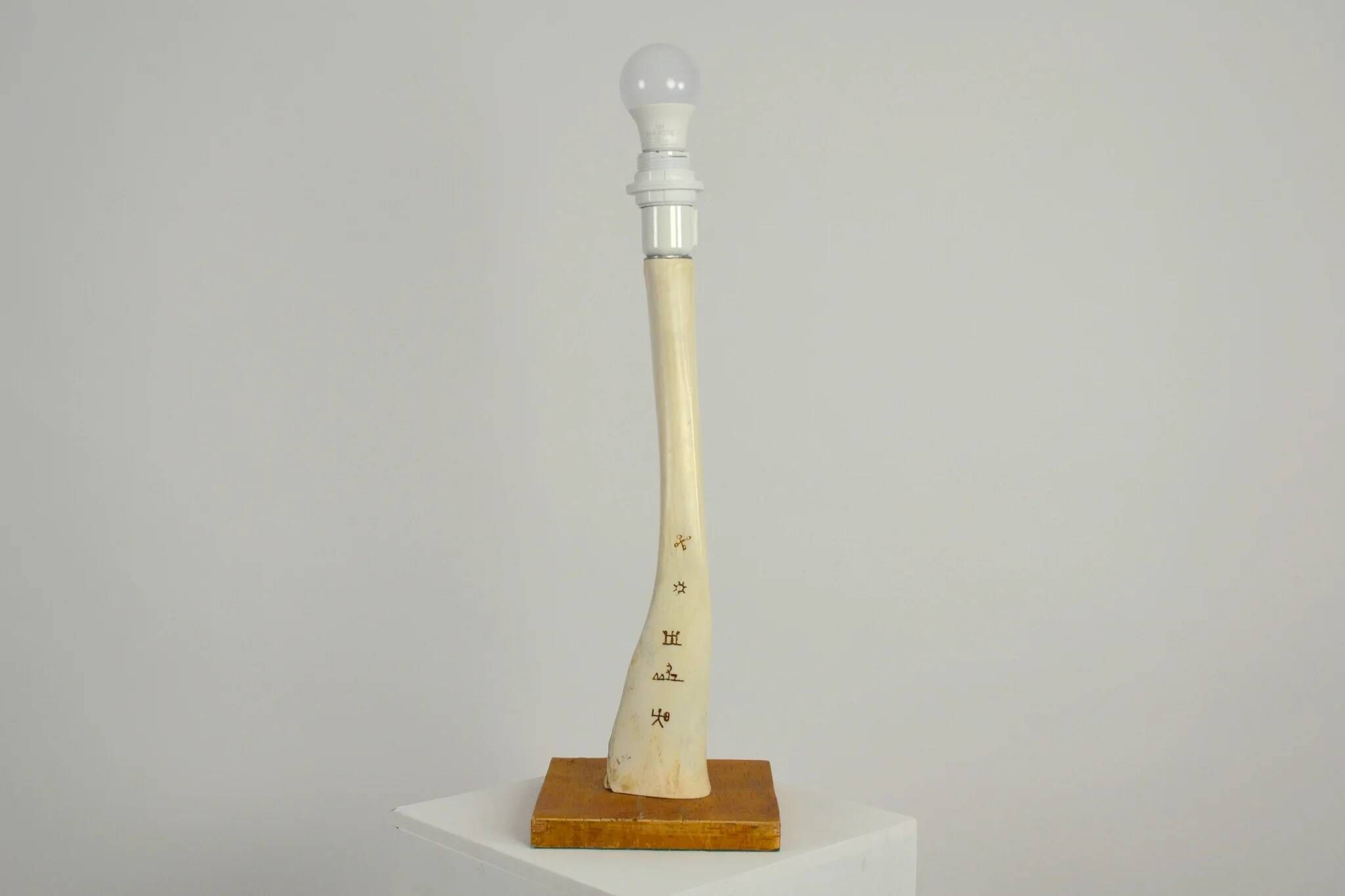 Scandinavian Studio Table Lamp in Carved Bone with Symbolic Decoration, c. 1950s–1970s