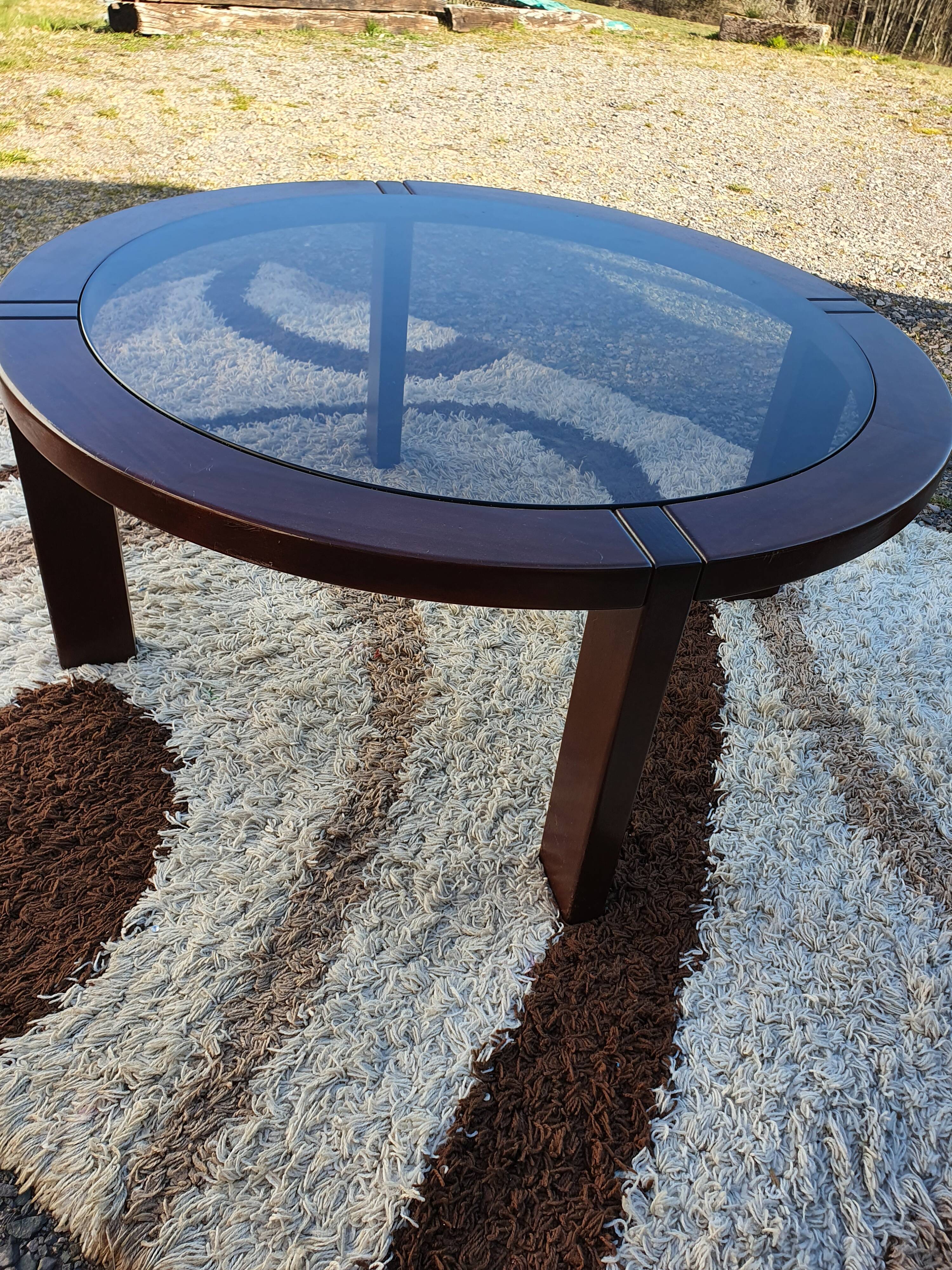 Teak coffee table and smoked glass from the 70s