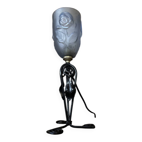 Lampe art déco en pâte de verre bleue à décor de roses – rareté poétique