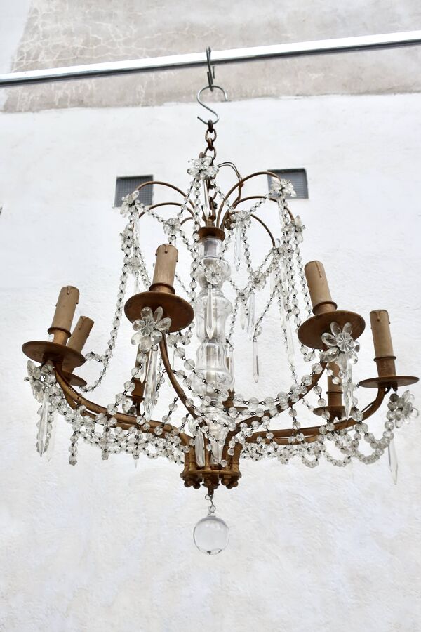 Lustre 8 Lumières en Bronze et Pampilles Cristal