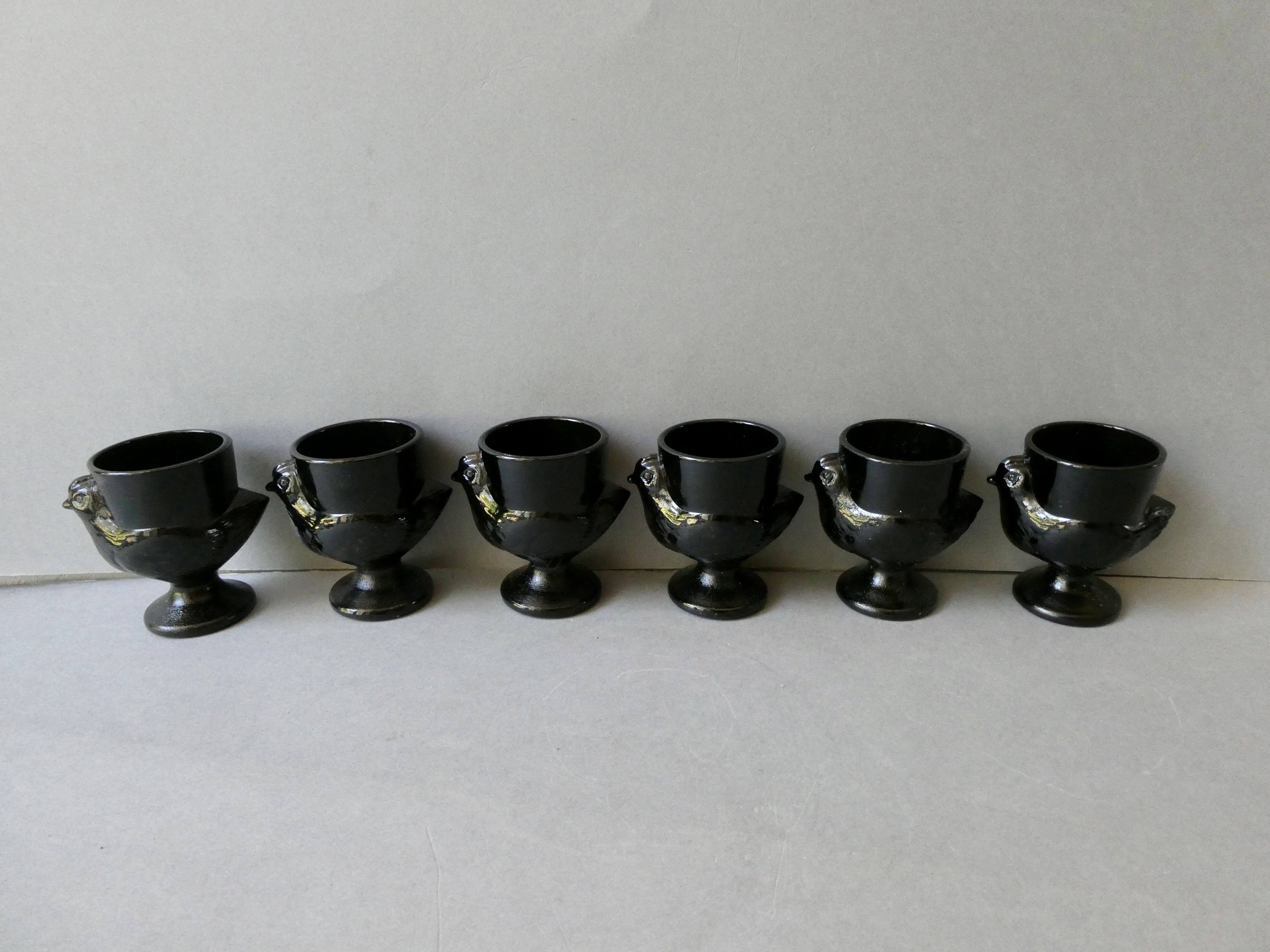 Set of 6 black opaline glass coquetiers, France, 70s