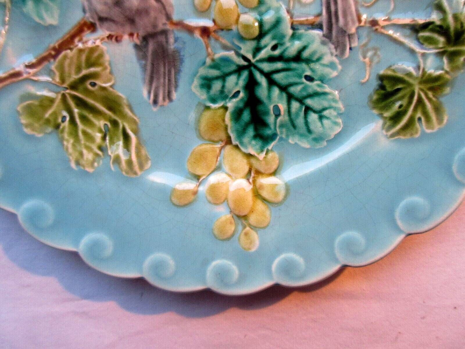 Art Deco Sarreguemines blue slip plate: 2 Birds pecking grapes