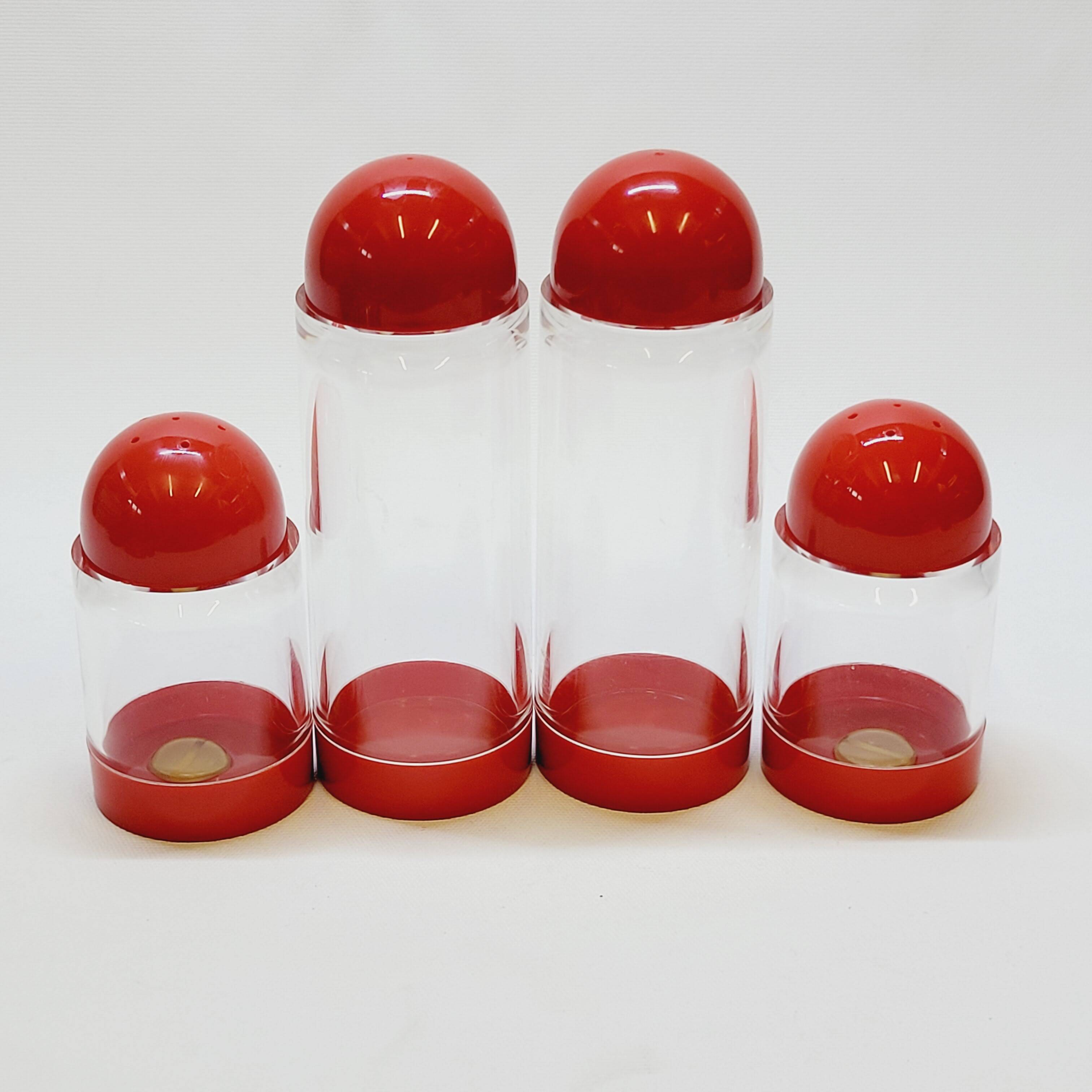 Condiment service oil vinegar salt pepper vintage plexi and red plastic