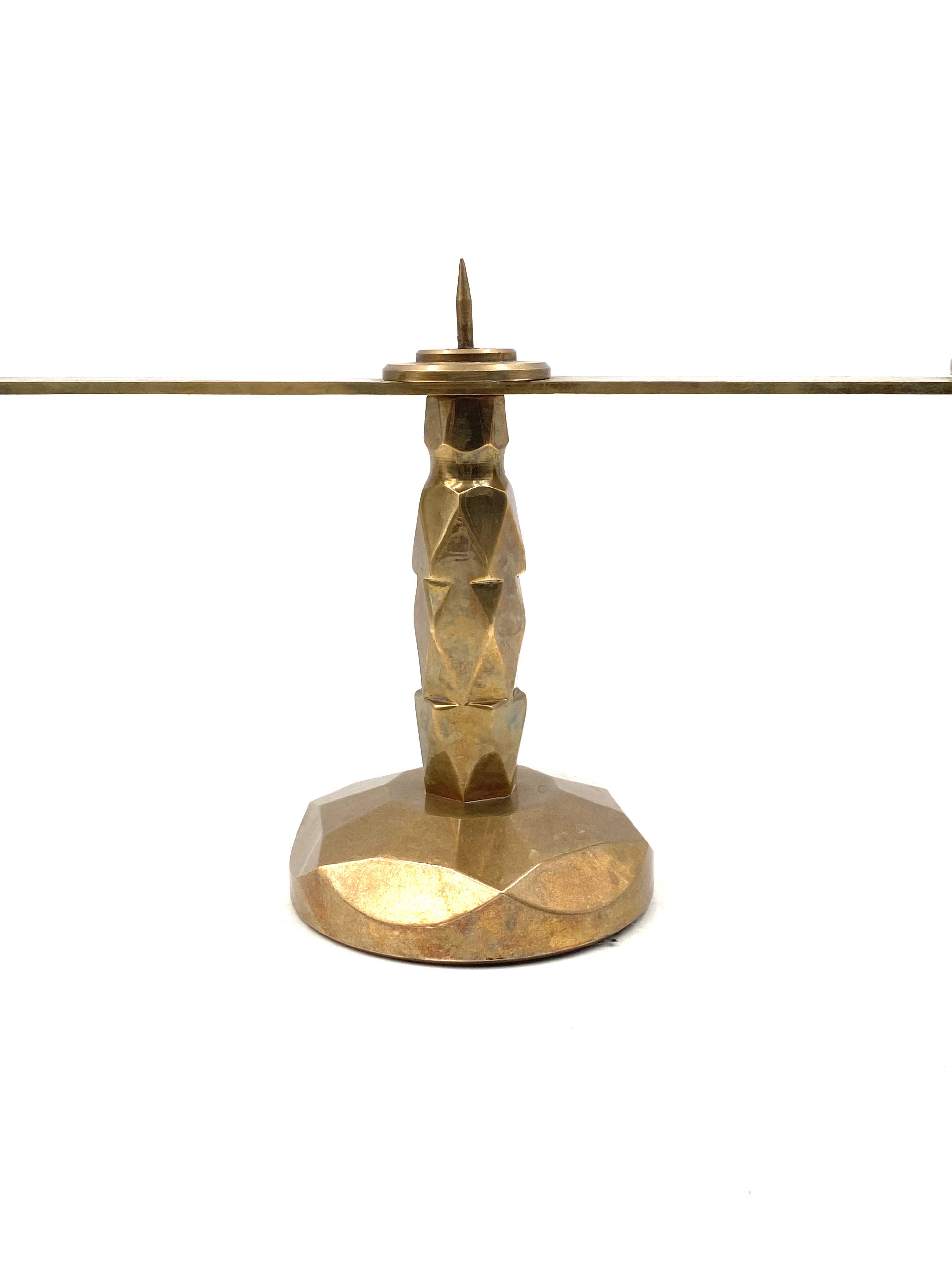 Brutalist brass pair of candle holders, France 1970