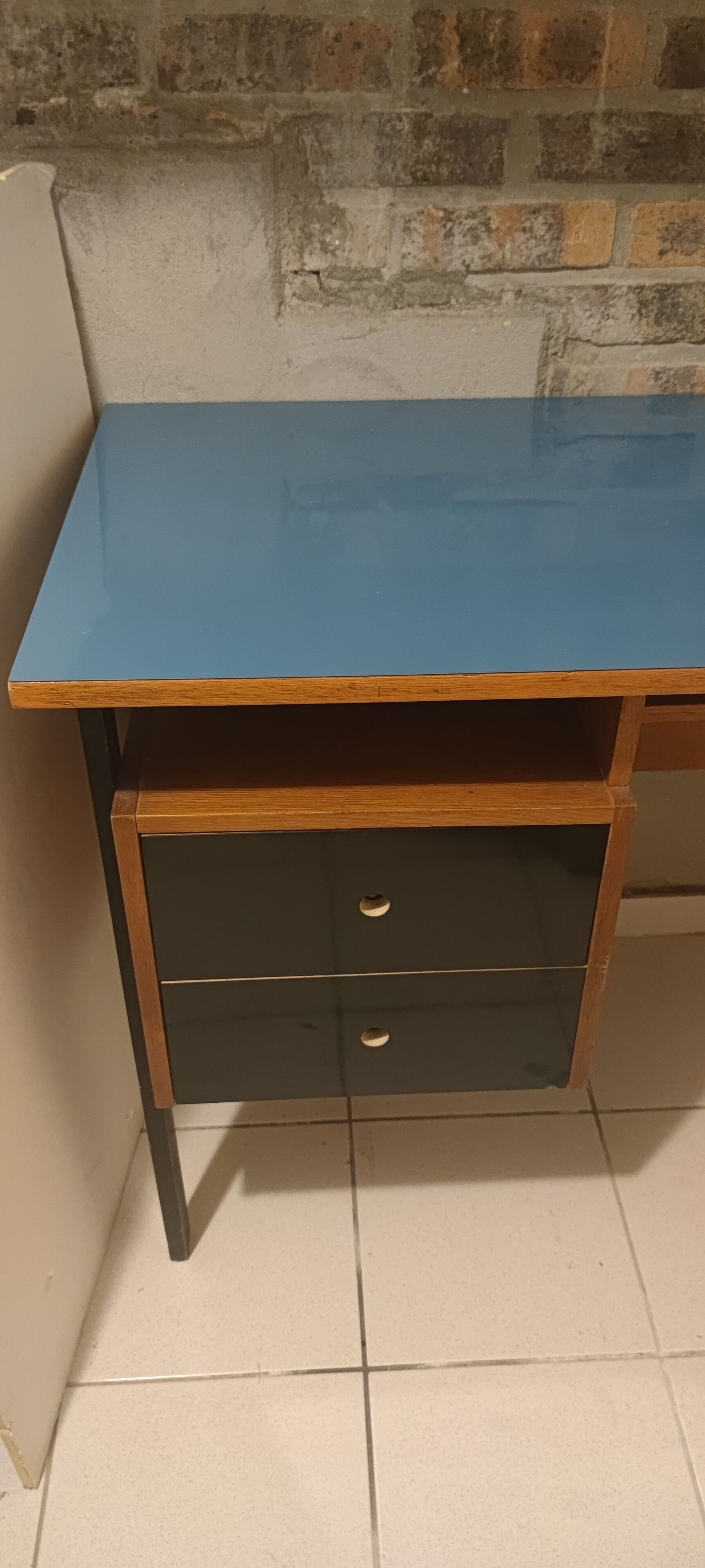 Vintage desk wood 1950s, blue top
