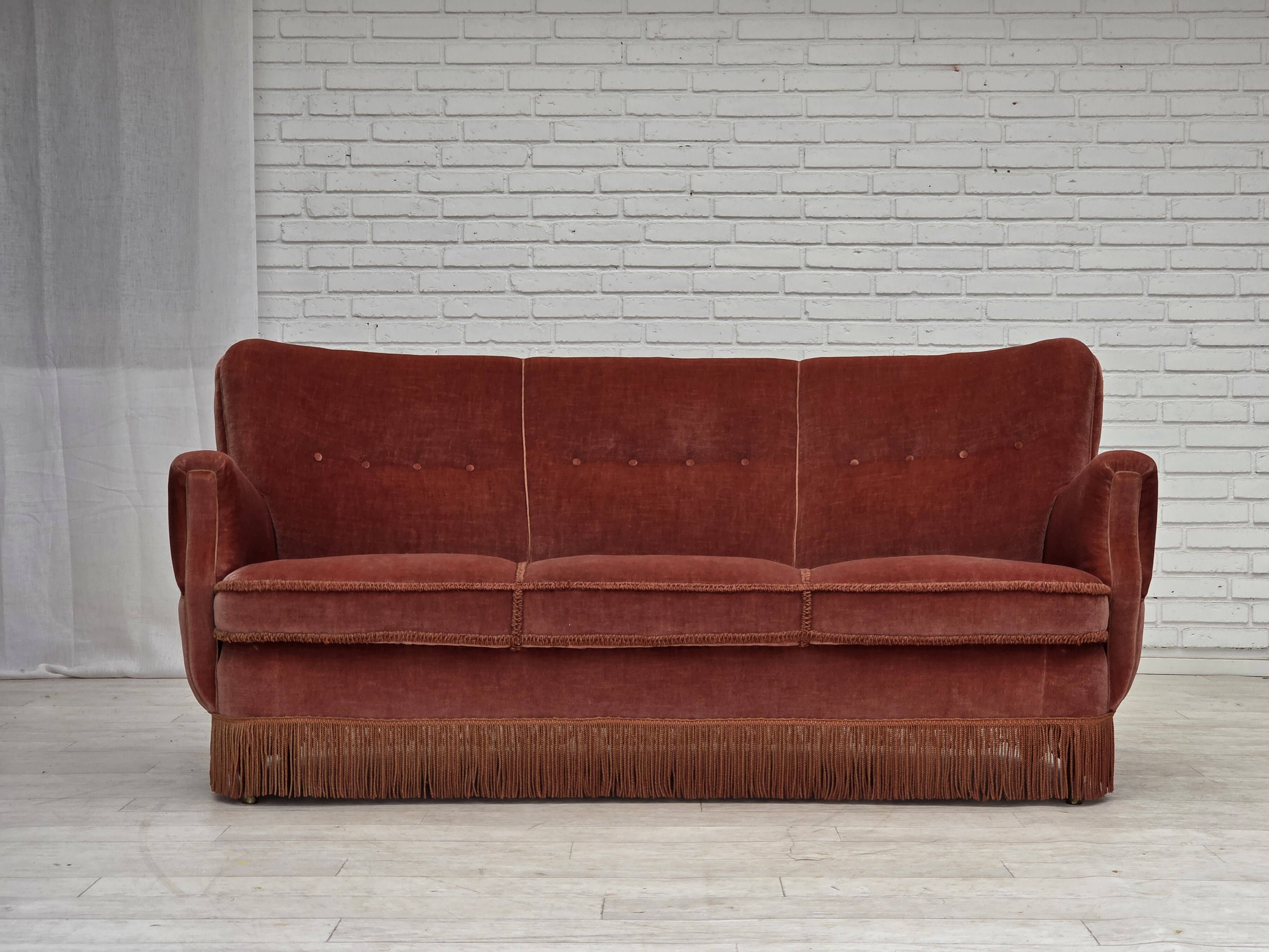 1970s, 3-seater Danish curved sofa, pink furniture velour.