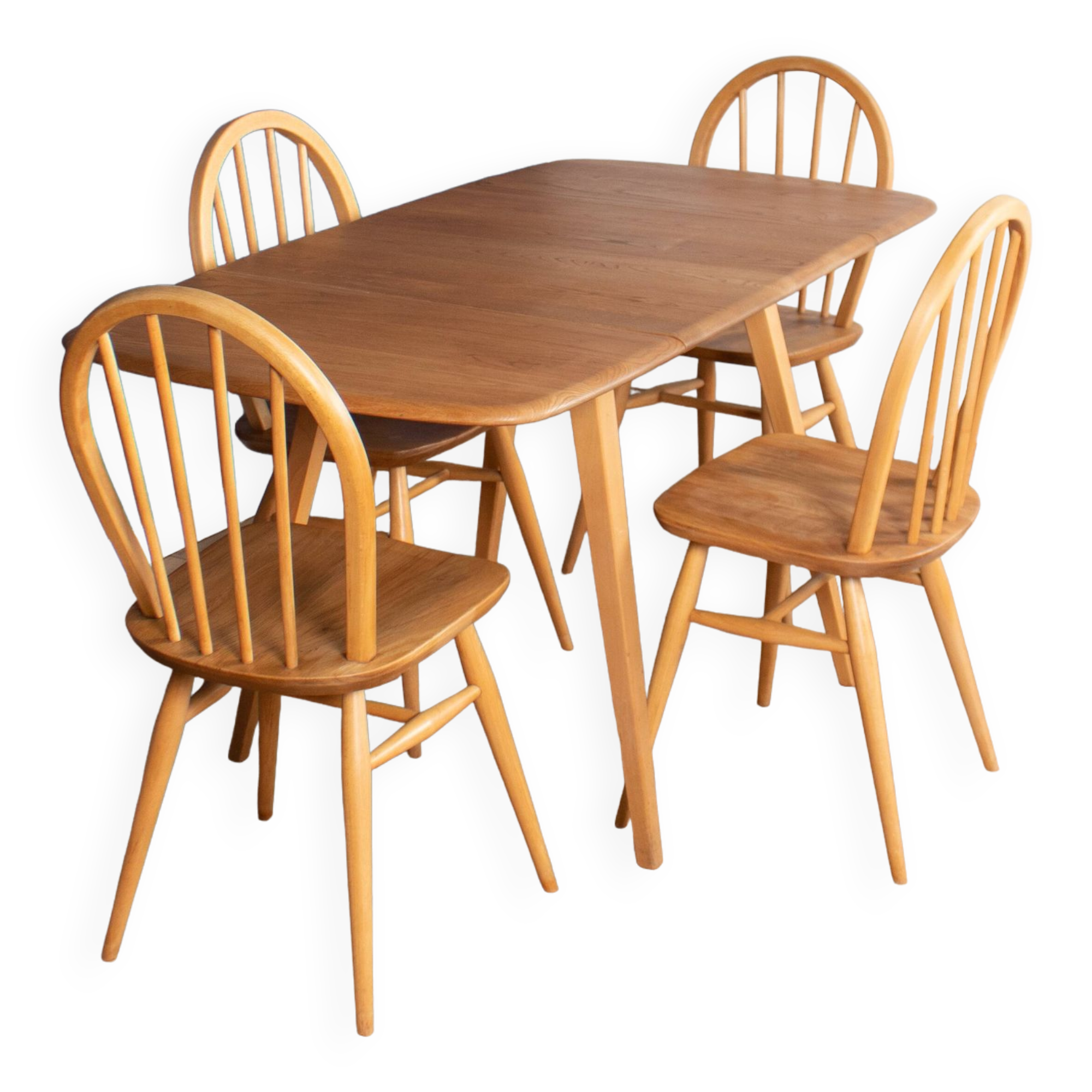 Retro Blonde Ercol Model 383 Dining Table & Four Model 370 Windsor Kitchen Dining Chairs