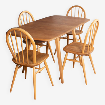 Retro Blonde Ercol Model 383 Dining Table & Four Model 370 Windsor Kitchen Dining Chairs