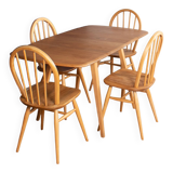 Retro Blonde Ercol Model 383 Dining Table & Four Model 370 Windsor Kitchen Dining Chairs