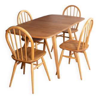 Retro Blonde Ercol Model 383 Dining Table & Four Model 370 Windsor Kitchen Dining Chairs