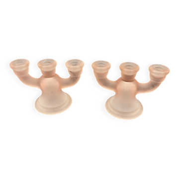 Paire de bougeoirs vintage à 3 branches en verre rose satiné