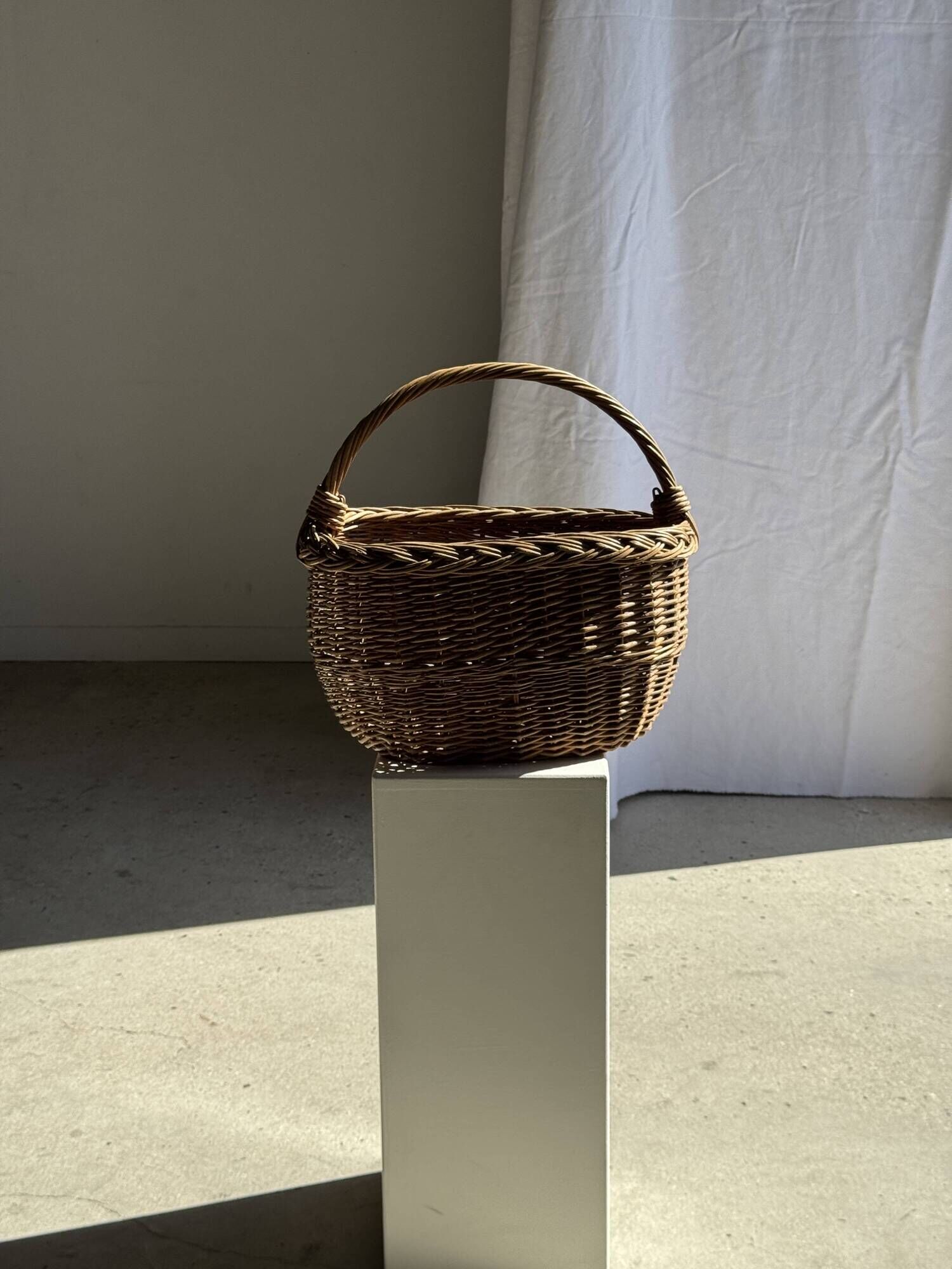 Large antique woven wicker basket with handle H45 L43 D25
